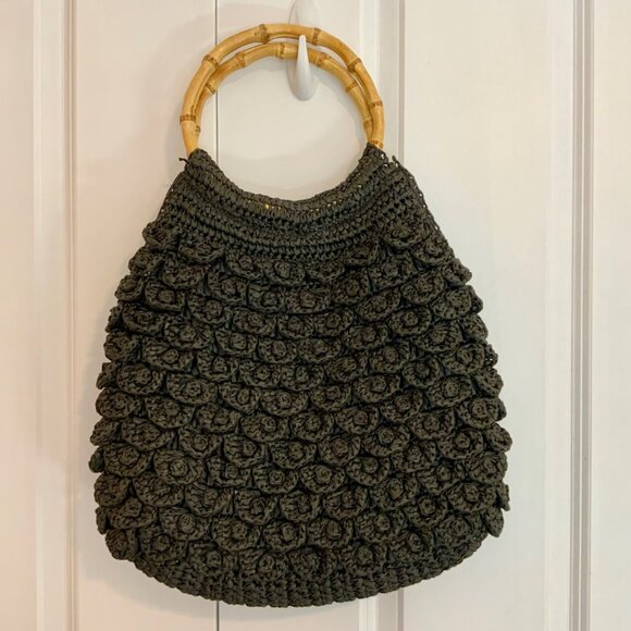 J. Crew Black Straw Hobo Bag Tote Double Bamboo Handles Large - Picture 4 of 9